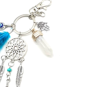 Hamsa Hand and Dreamcatcher keychain with blue feathers, evil eye beads and crystal point