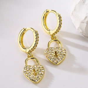 Exquisite 18K gold plated heart lock earrings with sparkling cubic zirconia on a stone base