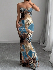 Robe longue bustier avec imprimé léopard bleu abstrait et coupe sirène pour femme