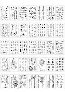 Detailed catalog of 35 black line tattoo stickers featuring flowers and butterflies
