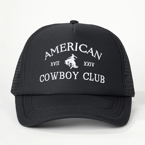 Retro black trucker hat with American Cowboy Club white embroidery on white background