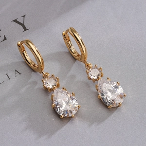 Fashionable gold pear-shaped drop earrings with clear zircon crystals for women