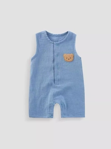 Breathable double-layer gauze baby bodysuit in light blue with cute bear embroidery