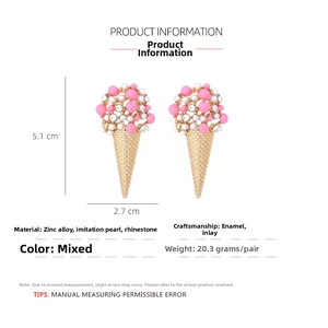 Detail view of pink and white ice cream cone earrings with pearls and crystal rhinestones