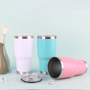 30oz stainless steel tumblers in white, mint green, and pink with clear lids