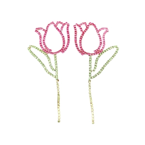 Pink tulip flower earrings with green crystal leaf tassels in minimalist silver design