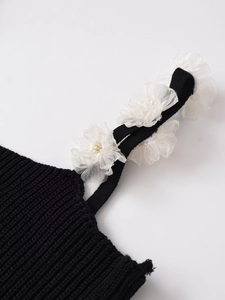 Detailed macro view of 3D mesh floral appliques on black knitted shoulder straps