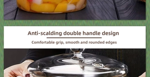 Detailed close-up showing heat-resistant glass pot double handles and a round lid knob