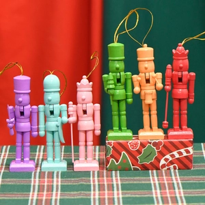 Set of six colorful 13cm wooden nutcracker ornaments for Christmas tree hanging