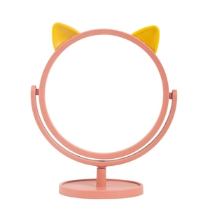 Pink desktop makeup mirror with yellow cat ears and rotating base for vanity decor