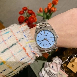 Women's light blue square watch with silver steel strap and calendar display
