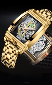 Macro shot of gold mechanical skeleton watch movement with intricate gears and blue screws