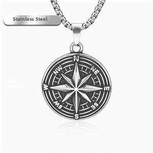 Detailed macro view of vintage stainless steel compass pendant with box chain necklace