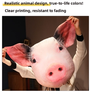 Detailed close-up of a realistic plush pig head pillow with high-definition digital printing
