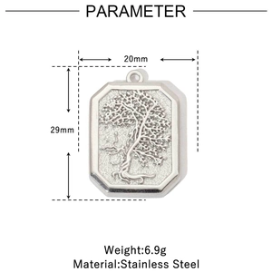 Detail view of silver stainless steel urn pendant with Tree of Life engraving and dimensions