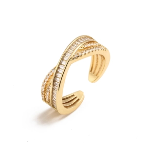 Gold open ring with tiered rectangular and round cubic zirconia for women