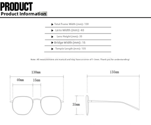 Detailed technical diagram showing dimensions of vintage metal square kids sunglasses