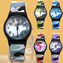 Detail of kids quartz watch with camouflage pattern available in five vibrant colors