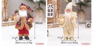 Détail de figurines Père Noël de 30cm en tissu écossais rouge et tenue dorée champagne