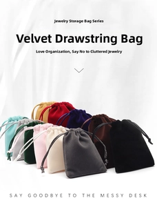 Variety of colorful velvet drawstring jewelry pouches for rings and necklace storage