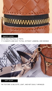 Detail of smooth golden zipper and soft printed scarf on brown woven cylinder coin purse