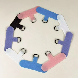 Universal phone lanyard tether patches in various colors with metal D-rings for phone cases.