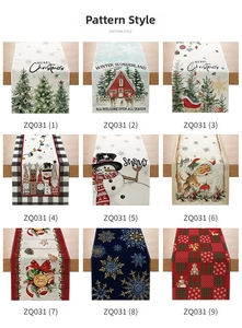 Collage of nine festive Christmas table runner patterns with snowflakes and Santa motifs