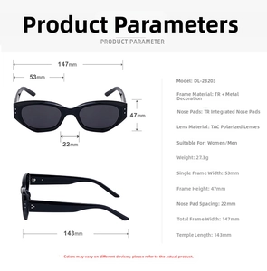 Detailed size chart for cat eye polarized sunglasses with frames measuring 147mm total width