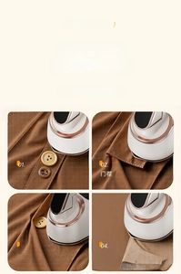Detail view of portable steamer ironing collars and buttons on brown fabric