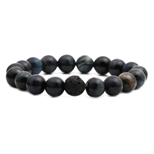 Blue tiger eye beaded bracelet with black lava rock stone for men and women