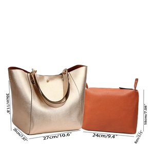 Detailed size specifications for the gold tote and brown pouch set with dimensions