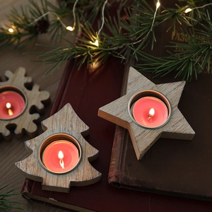 Christmas Wooden Candle Holder Nordic Style Snowflake Star Tree Shape Tealight Tray Desktop Decor Wood Metal Rustic