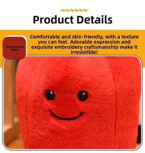 Close-up of soft red plush fabric with detailed electric embroidery of a cute smiling face