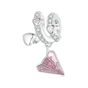925 Sterling Silver Paper Airplane Love Letter Heart Charm Pink Enamel Zirconia For DIY Bracelet Necklace Romantic Jewelry Gift
