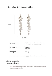 Detailed size specifications for zircon leaf tassel earrings featuring 925 silver needles