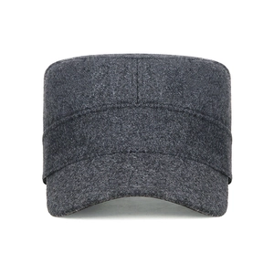 Deep grey wool blend flat top cadet cap with thick thermal lining for winter warmth