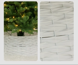 Detail of white woven Christmas tree collar with a modern faux rattan texture
