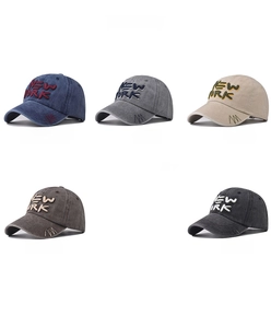 Grid display of washed cotton New York baseball caps in navy, gray, beige, coffee and black