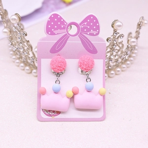 Pink crown clip-on earrings for girls featuring glitter balls and colorful accents