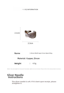 Macro shot of silver zircon multi-layer cross ring showing technical specs and size 2.1x2.3cm