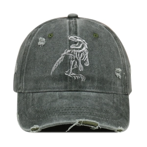 Vintage distressed black baseball cap with dinosaur skeleton embroidery and ripped details