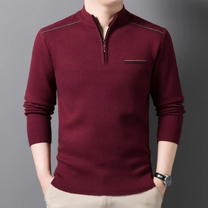 Men's burgundy quarter-zip knit sweater with high neck and ribbed cuffs for business casual