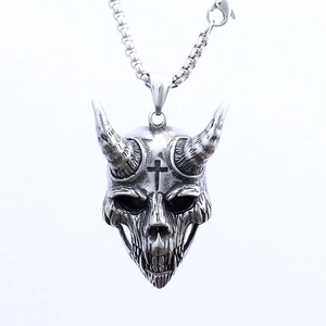 Punk zilveren demon schedel hanger ketting met hoorns en kruis van gepolijst roestvrij staal