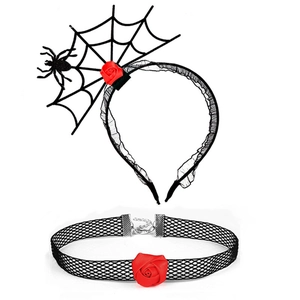 Detail of Halloween spider web headband and red rose choker set on white background