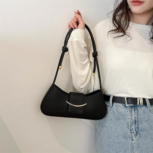 Fashionable black matte leather underarm bag with gold metal buckle and knotted strap
