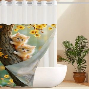 Detail of waffle weave shower curtain showing cute cats climbing yellow flower branches