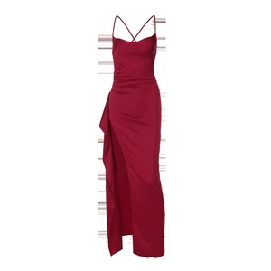 Detail of burgundy satin dress showing side slit and delicate cross strap design