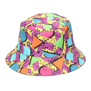 Double-sided bucket hat with colorful geometric graffiti prints for outdoor sun protection
