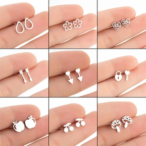Stainless Steel Stud Earrings Minimalist Hollow Heart Arrow Apple Mushroom Key Lock Geometric Jewelry For Women