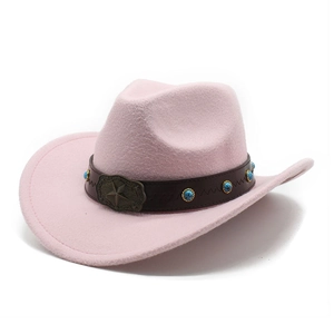 Detail of pink wool felt cowboy hat featuring leather band with turquoise studs and star buckle